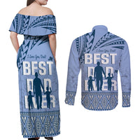 Tonga Father's Day Couples Matching Off Shoulder Maxi Dress and Long Sleeve Button Shirt Best Dad Ever Tongan Ngatu Pattern - Blue