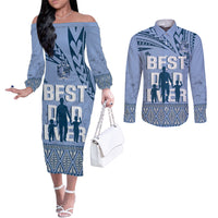 Tonga Father's Day Couples Matching Off The Shoulder Long Sleeve Dress and Long Sleeve Button Shirt Best Dad Ever Tongan Ngatu Pattern - Blue LT14 Blue - Polynesian Pride