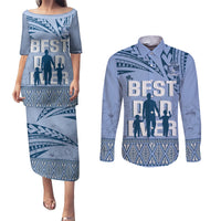 Tonga Father's Day Couples Matching Puletasi and Long Sleeve Button Shirt Best Dad Ever Tongan Ngatu Pattern - Blue LT14 Blue - Polynesian Pride