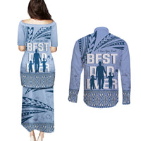 Tonga Father's Day Couples Matching Puletasi and Long Sleeve Button Shirt Best Dad Ever Tongan Ngatu Pattern - Blue LT14 - Polynesian Pride