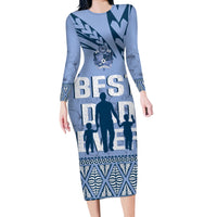 Tonga Father's Day Long Sleeve Bodycon Dress Best Dad Ever Tongan Ngatu Pattern - Blue LT14 Long Dress Blue - Polynesian Pride