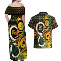 Vanuatu 1980 Couples Matching Off Shoulder Maxi Dress and Hawaiian Shirt Ni-Van Tamtam Sand Drawing Pattern