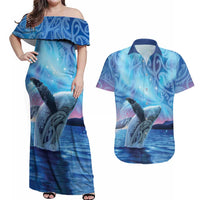 New Zealand Matariki Humpback Whale Couples Matching Off Shoulder Maxi Dress and Hawaiian Shirt Paikea Maori New Year Blue Galaxy