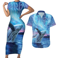 New Zealand Matariki Humpback Whale Couples Matching Short Sleeve Bodycon Dress and Hawaiian Shirt Paikea Maori New Year Blue Galaxy