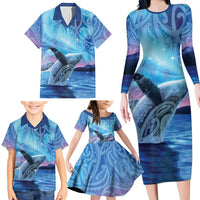 New Zealand Matariki Humpback Whale Family Matching Long Sleeve Bodycon Dress and Hawaiian Shirt Paikea Maori New Year Blue Galaxy
