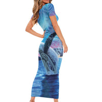 New Zealand Matariki Humpback Whale Family Matching Short Sleeve Bodycon Dress and Hawaiian Shirt Paikea Maori New Year Blue Galaxy