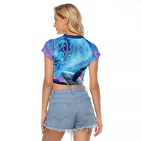 New Zealand Matariki Humpback Whale Raglan Cropped T Shirt Paikea Maori New Year Blue Galaxy