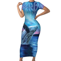 New Zealand Matariki Humpback Whale Short Sleeve Bodycon Dress Paikea Maori New Year Blue Galaxy