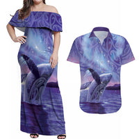New Zealand Matariki Humpback Whale Couples Matching Off Shoulder Maxi Dress and Hawaiian Shirt Paikea Maori New Year Purple Galaxy
