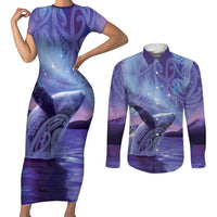 New Zealand Matariki Humpback Whale Couples Matching Short Sleeve Bodycon Dress and Long Sleeve Button Shirt Paikea Maori New Year Purple Galaxy