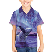 New Zealand Matariki Humpback Whale Family Matching Off Shoulder Short Dress and Hawaiian Shirt Paikea Maori New Year Purple Galaxy LT14 Son's Shirt Purple - Polynesian Pride
