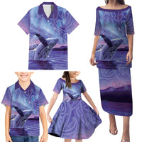 New Zealand Matariki Humpback Whale Family Matching Puletasi and Hawaiian Shirt Paikea Maori New Year Purple Galaxy