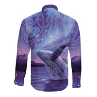 New Zealand Matariki Humpback Whale Long Sleeve Button Shirt Paikea Maori New Year Purple Galaxy