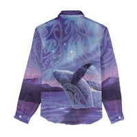 New Zealand Matariki Humpback Whale Women Casual Shirt Paikea Maori New Year Purple Galaxy