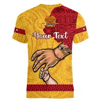 Personalised Father Day Papua New Guinea Women V Neck T Shirt PNG I Love You Dad Yellow Version LT14 - Polynesian Pride