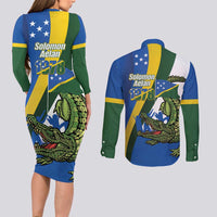 Solomon Islands Independence Day Couples Matching Long Sleeve Bodycon Dress and Long Sleeve Button Shirt Happy 7 July Crocodile Flag Style