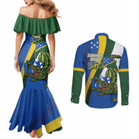 Solomon Islands Independence Day Couples Matching Mermaid Dress and Long Sleeve Button Shirt Happy 7 July Crocodile Flag Style