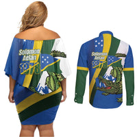 Solomon Islands Independence Day Couples Matching Off Shoulder Short Dress and Long Sleeve Button Shirt Happy 7 July Crocodile Flag Style