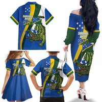 Solomon Islands Independence Day Family Matching Off The Shoulder Long Sleeve Dress and Hawaiian Shirt Happy 7 July Crocodile Flag Style