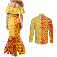 Kahili Quilt Hawaii Couples Matching Mermaid Dress and Long Sleeve Button Shirt Tropical Flower Seamless Half Style