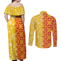 Kahili Quilt Hawaii Couples Matching Off Shoulder Maxi Dress and Long Sleeve Button Shirt Tropical Flower Seamless Half Style