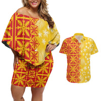 Kahili Quilt Hawaii Couples Matching Off Shoulder Short Dress and Hawaiian Shirt Tropical Flower Seamless Half Style