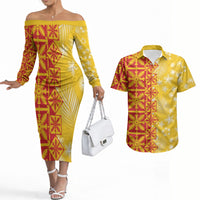 Kahili Quilt Hawaii Couples Matching Off The Shoulder Long Sleeve Dress and Hawaiian Shirt Tropical Flower Seamless Half Style LT14 Yellow - Polynesian Pride