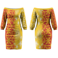 Kahili Quilt Hawaii Couples Matching Off The Shoulder Long Sleeve Dress and Hawaiian Shirt Tropical Flower Seamless Half Style LT14 - Polynesian Pride