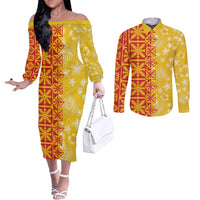 Kahili Quilt Hawaii Couples Matching Off The Shoulder Long Sleeve Dress and Long Sleeve Button Shirt Tropical Flower Seamless Half Style