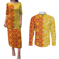 Kahili Quilt Hawaii Couples Matching Puletasi and Long Sleeve Button Shirt Tropical Flower Seamless Half Style