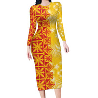 Kahili Quilt Hawaii Long Sleeve Bodycon Dress Tropical Flower Seamless Half Style