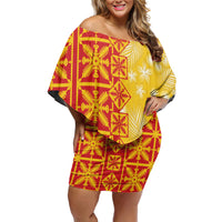 Kahili Quilt Hawaii Off Shoulder Short Dress Tropical Flower Seamless Half Style LT14 Women Yellow - Polynesian Pride