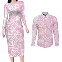 Pastel Pink Kahili Quilt Hawaii Couples Matching Long Sleeve Bodycon Dress and Long Sleeve Button Shirt Tropical Flower Seamless Half Style