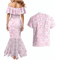 Pastel Pink Kahili Quilt Hawaii Couples Matching Mermaid Dress and Hawaiian Shirt Tropical Flower Seamless Half Style