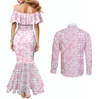 Pastel Pink Kahili Quilt Hawaii Couples Matching Mermaid Dress and Long Sleeve Button Shirt Tropical Flower Seamless Half Style