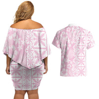 Pastel Pink Kahili Quilt Hawaii Couples Matching Off Shoulder Short Dress and Hawaiian Shirt Tropical Flower Seamless Half Style