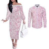 Pastel Pink Kahili Quilt Hawaii Couples Matching Off The Shoulder Long Sleeve Dress and Long Sleeve Button Shirt Tropical Flower Seamless Half Style