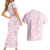 Pastel Pink Kahili Quilt Hawaii Couples Matching Short Sleeve Bodycon Dress and Hawaiian Shirt Tropical Flower Seamless Half Style