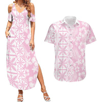 Pastel Pink Kahili Quilt Hawaii Couples Matching Summer Maxi Dress and Hawaiian Shirt Tropical Flower Seamless Half Style