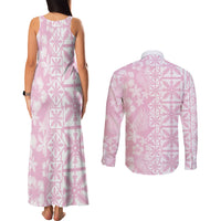 Pastel Pink Kahili Quilt Hawaii Couples Matching Tank Maxi Dress and Long Sleeve Button Shirt Tropical Flower Seamless Half Style LT14 - Polynesian Pride