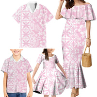Pastel Pink Kahili Quilt Hawaii Family Matching Mermaid Dress and Hawaiian Shirt Tropical Flower Seamless Half Style LT14 - Polynesian Pride