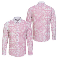 Pastel Pink Kahili Quilt Hawaii Family Matching Off The Shoulder Long Sleeve Dress and Hawaiian Shirt Tropical Flower Seamless Half Style LT14 Dad's Shirt - Long Sleeve Pink - Polynesian Pride
