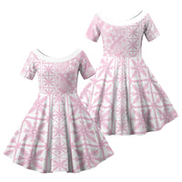 Pastel Pink Kahili Quilt Hawaii Family Matching Off The Shoulder Long Sleeve Dress and Hawaiian Shirt Tropical Flower Seamless Half Style LT14 Daughter's Dress Pink - Polynesian Pride