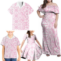 Pastel Pink Kahili Quilt Hawaii Family Matching Off Shoulder Maxi Dress and Hawaiian Shirt Tropical Flower Seamless Half Style
