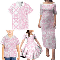 Pastel Pink Kahili Quilt Hawaii Family Matching Puletasi and Hawaiian Shirt Tropical Flower Seamless Half Style