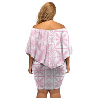 Pastel Pink Kahili Quilt Hawaii Off Shoulder Short Dress Tropical Flower Seamless Half Style