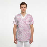 Pastel Pink Kahili Quilt Hawaii Scrub Top Tropical Flower Seamless Half Style