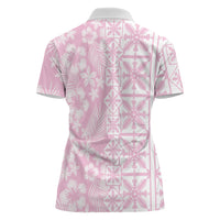 Pastel Pink Kahili Quilt Hawaii Women Polo Shirt Tropical Flower Seamless Half Style