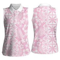 Pastel Pink Kahili Quilt Hawaii Women Sleeveless Polo Shirt Tropical Flower Seamless Half Style