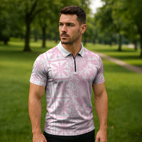 Pastel Pink Kahili Quilt Hawaii Zipper Polo Shirt Tropical Flower Seamless Half Style